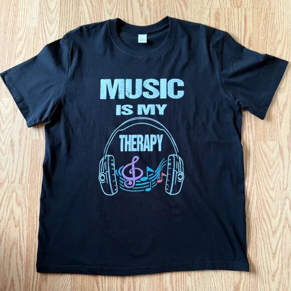 Music Is My Therapy T Shirt Size L Black Graphic Tee Headphones Treble Clef Note - Picture 3 of 12